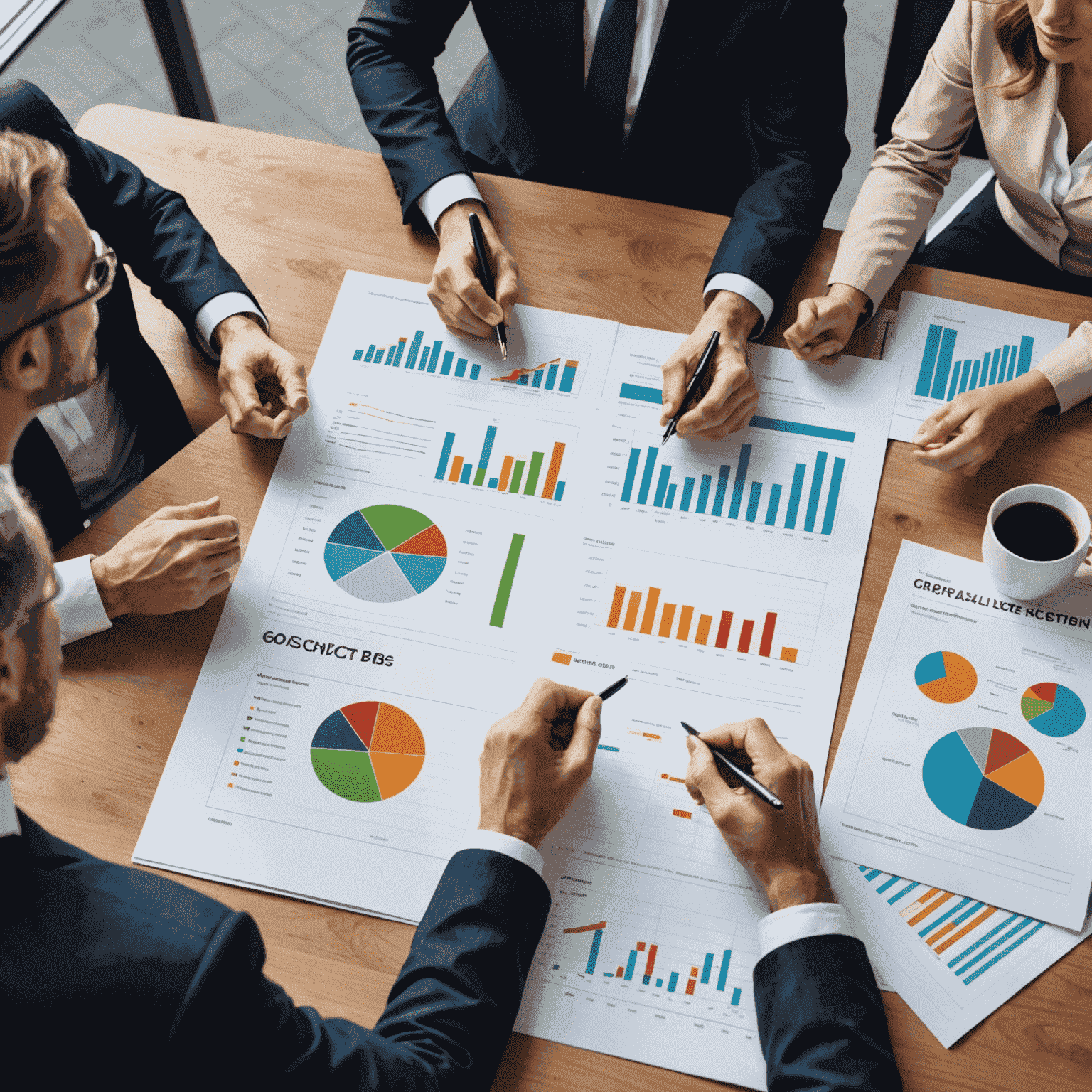 A group of financial experts discussing charts and graphs, representing the high-quality financial consulting services provided by Coin and Golden Service.