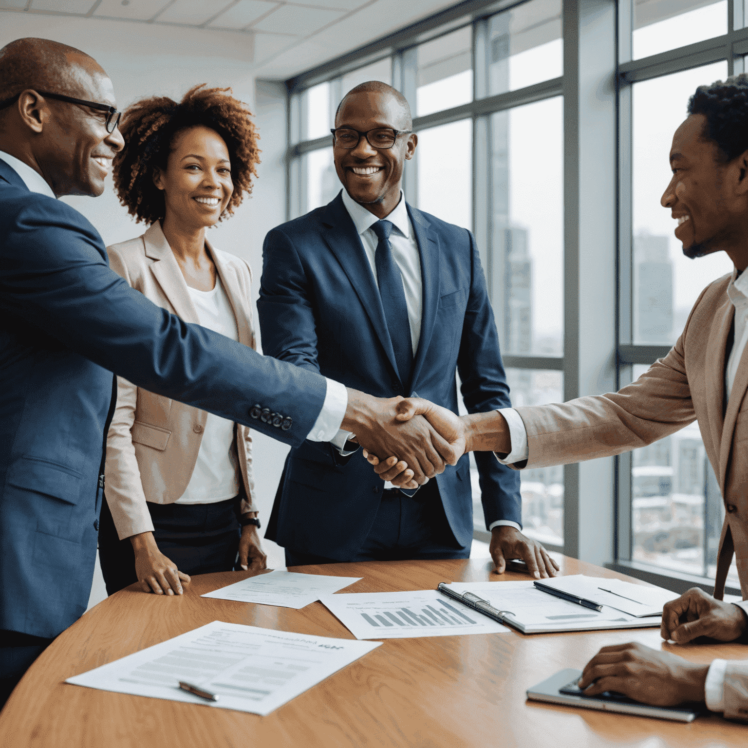 Businesspeople shaking hands in a meeting room, representing funding attraction in South Africa