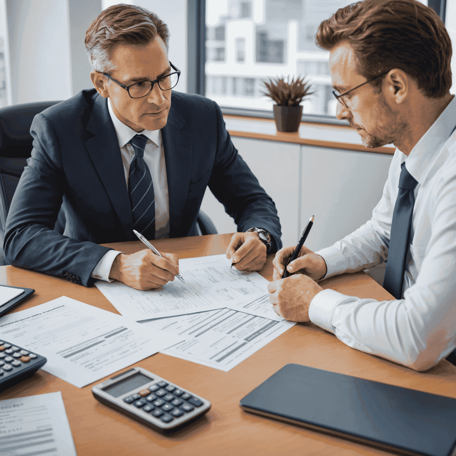 A professional financial advisor discussing tax strategies with a client, with various tax forms and a calculator on the desk