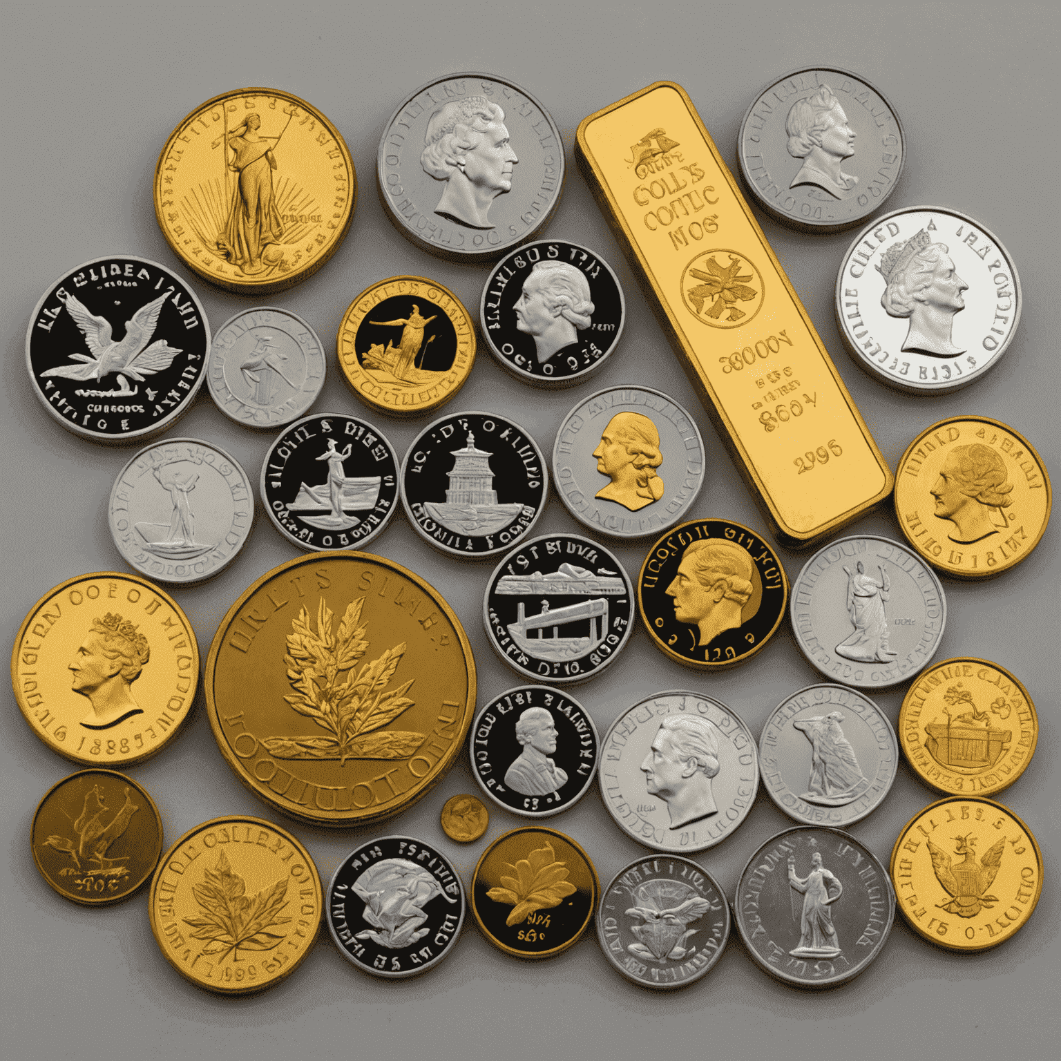 A diverse selection of gold and silver bullion coins and bars